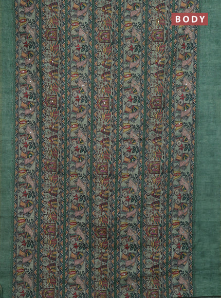 Green Semi Linen Saree - Madhubani Prints
