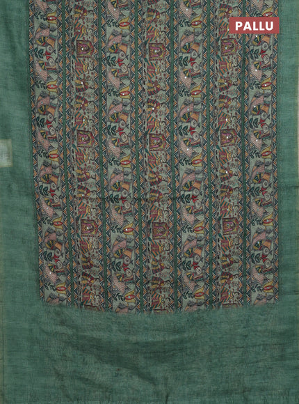 Green Semi Linen Saree - Madhubani Prints