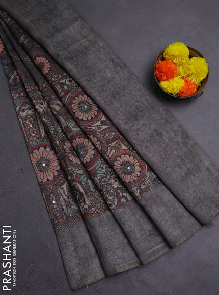 Pastel Grey Semi Linen Saree - Madhubani Prints