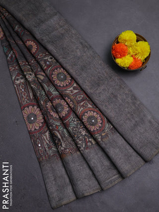Pastel Grey Semi Linen Saree - Madhubani Prints