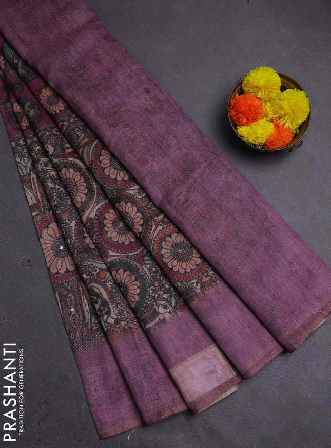 Mauve Pink Semi Linen Saree - Madhubani Prints