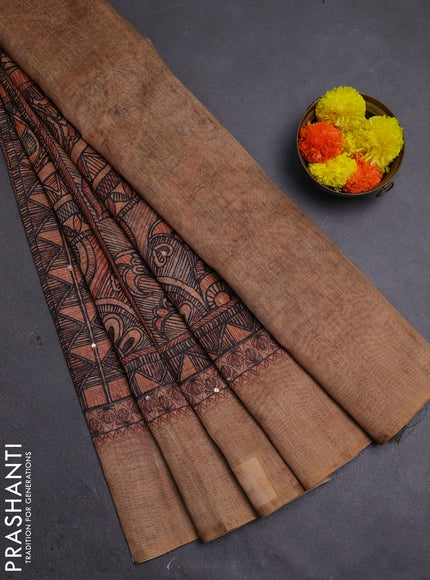 Pale Orange & Beige Semi Linen Saree - Madhubani Prints