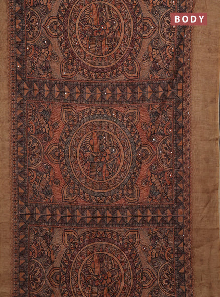 Pale Orange & Beige Semi Linen Saree - Madhubani Prints