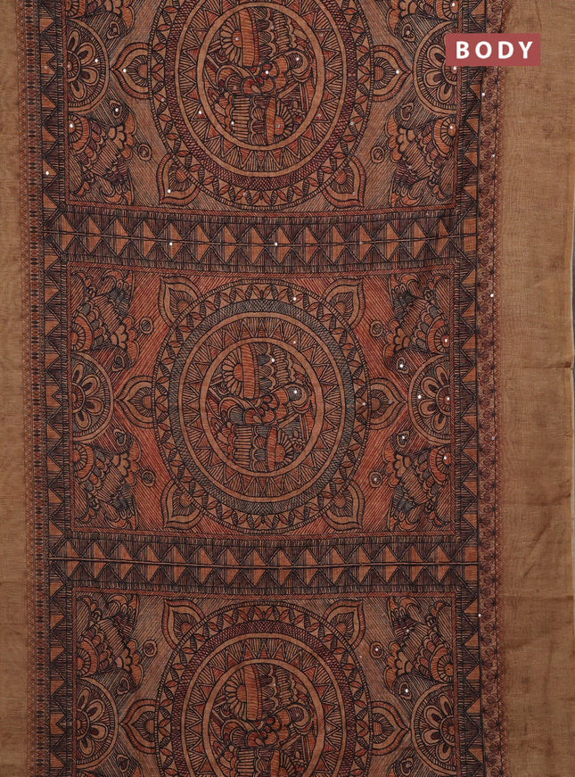 Pale Orange & Beige Semi Linen Saree - Madhubani Prints