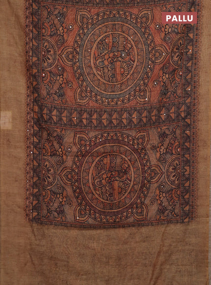 Pale Orange & Beige Semi Linen Saree - Madhubani Prints