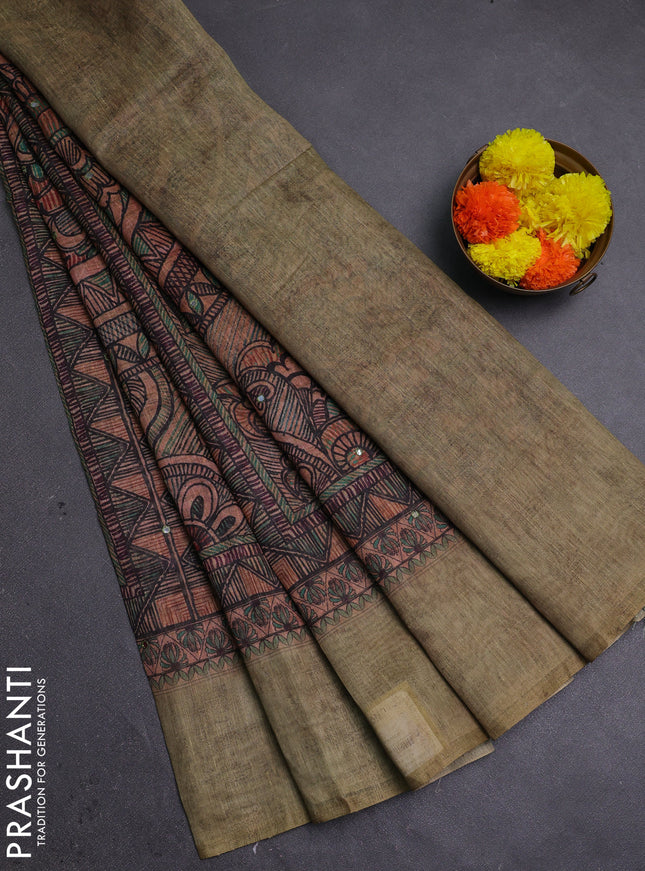 Sandal & Mehendi Green Semi Linen Saree - Madhubani Prints