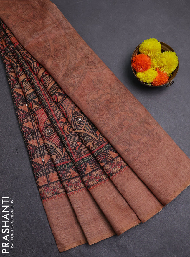 Pale Orange Semi Linen Saree - Madhubani Prints