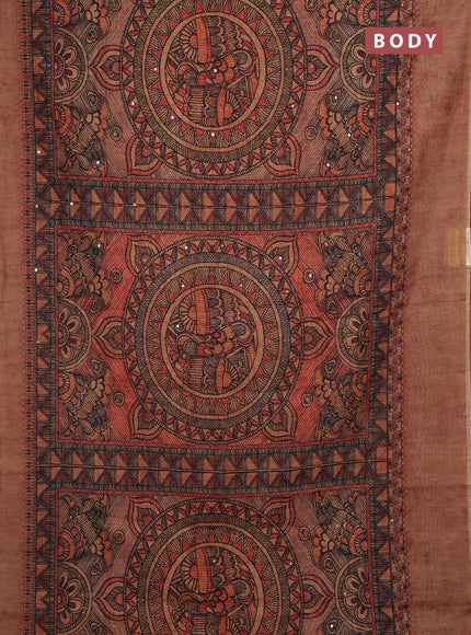 Pale Orange Semi Linen Saree - Madhubani Prints