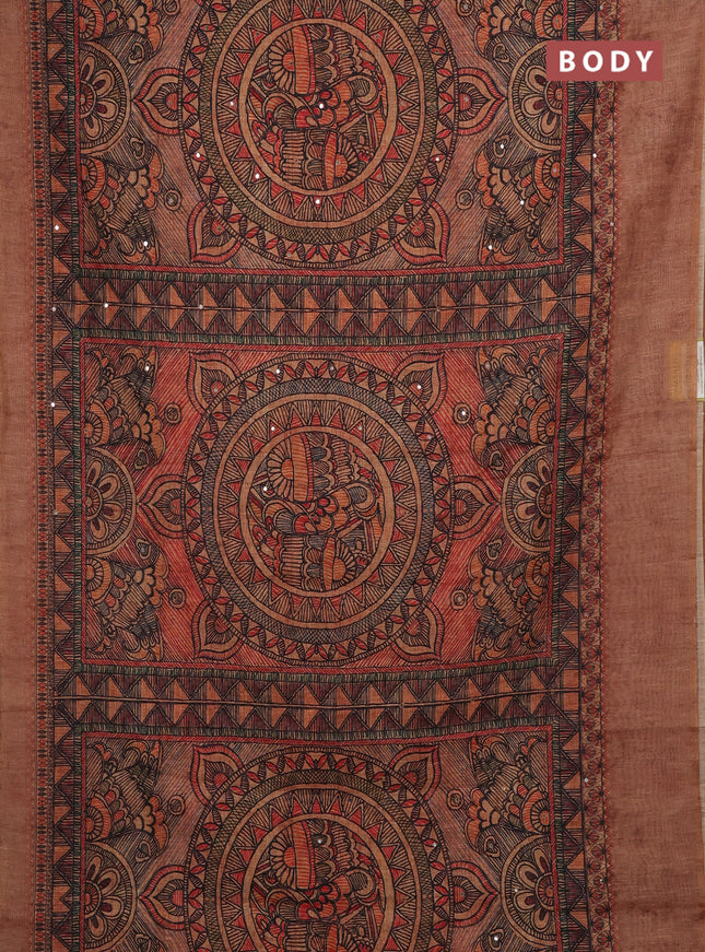 Pale Orange Semi Linen Saree - Madhubani Prints