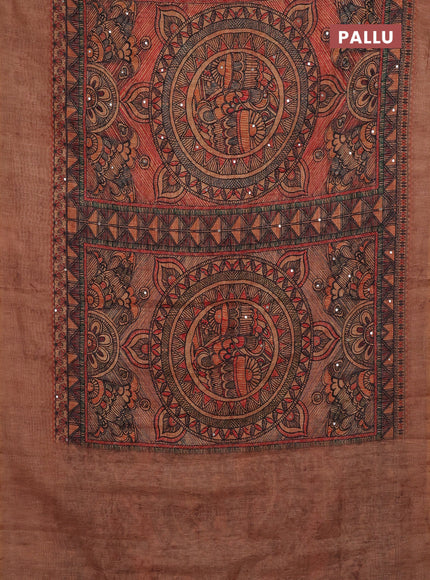 Pale Orange Semi Linen Saree - Madhubani Prints