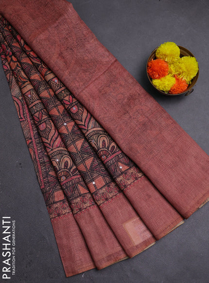 Pale Orange & Peach Semi Linen Saree - Madhubani Prints