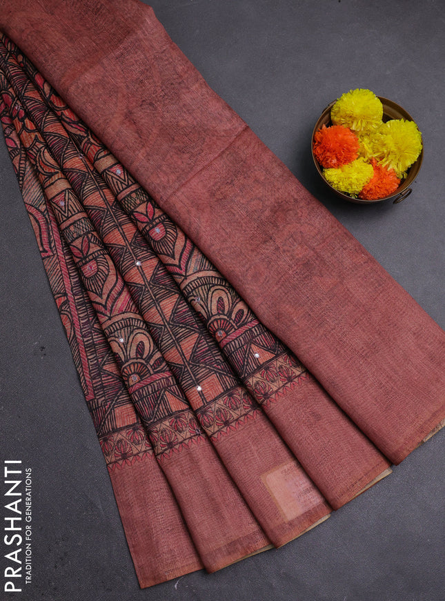Pale Orange & Peach Semi Linen Saree - Madhubani Prints