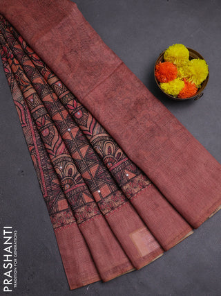 Pale Orange & Peach Semi Linen Saree - Madhubani Prints