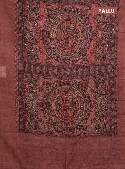Pale Orange & Peach Semi Linen Saree - Madhubani Prints