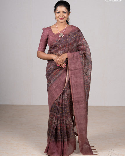Rosy Brown Semi Linen Saree - Madhubani Prints