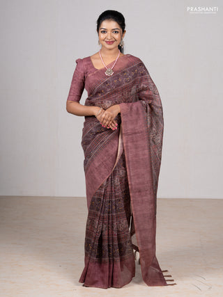 Rosy Brown Semi Linen Saree - Madhubani Prints