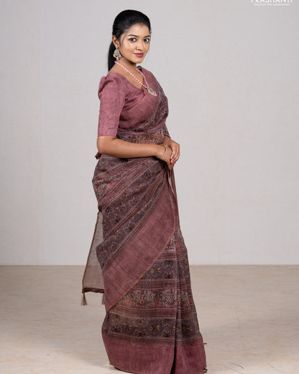 Rosy Brown Semi Linen Saree - Madhubani Prints
