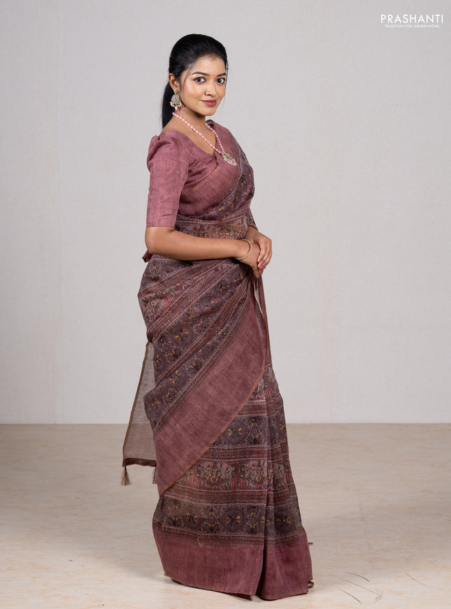 Rosy Brown Semi Linen Saree - Madhubani Prints