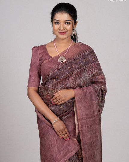 Rosy Brown Semi Linen Saree - Madhubani Prints