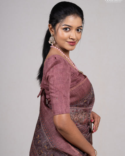 Rosy Brown Semi Linen Saree - Madhubani Prints