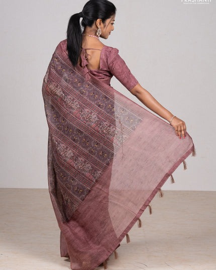 Rosy Brown Semi Linen Saree - Madhubani Prints