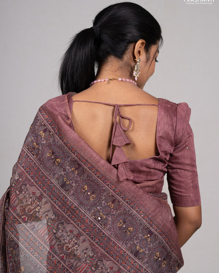 Rosy Brown Semi Linen Saree - Madhubani Prints