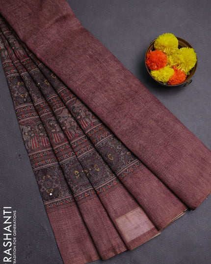 Rosy Brown Semi Linen Saree - Madhubani Prints