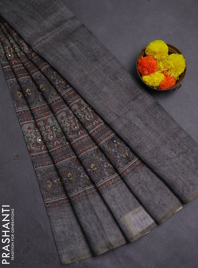 Grey Semi Linen Saree - Madhubani Prints