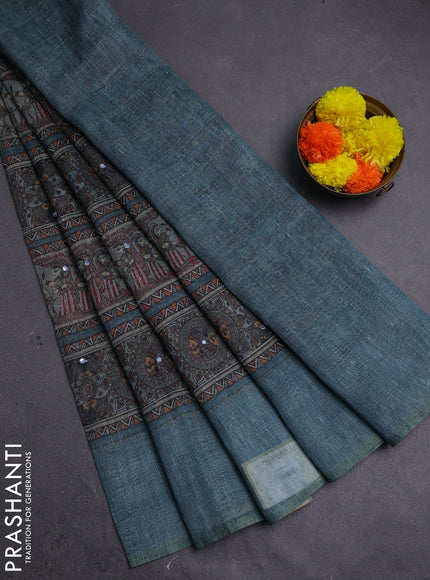 Pastel Blue Semi Linen Saree - Madhubani Prints