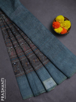 Pastel Blue Semi Linen Saree - Madhubani Prints