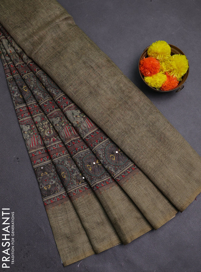 Mehendi Green Semi Linen Saree - Madhubani Prints