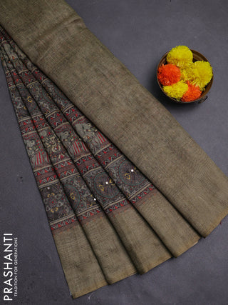 Mehendi Green Semi Linen Saree - Madhubani Prints
