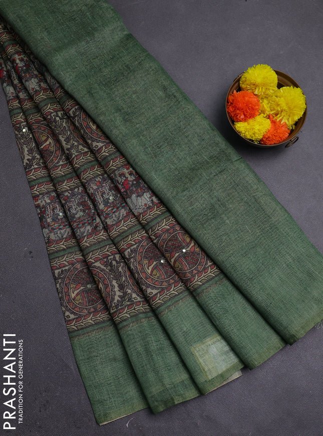 Green Semi Linen Saree - Madhubani Prints