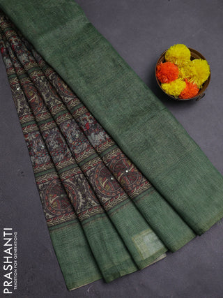 Green Semi Linen Saree - Madhubani Prints