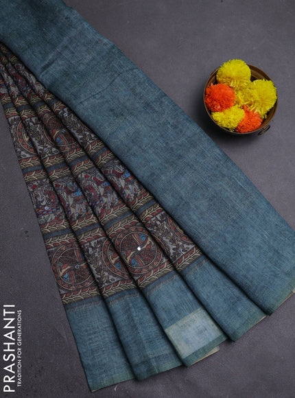 Pastel Blue Semi Linen Saree - Madhubani Prints
