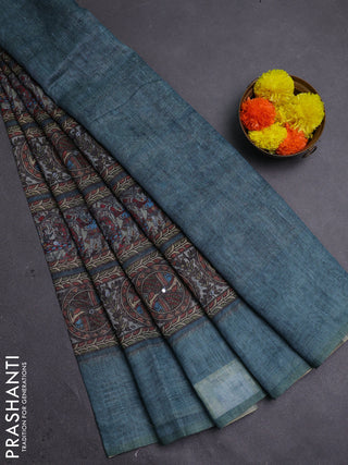 Pastel Blue Semi Linen Saree - Madhubani Prints