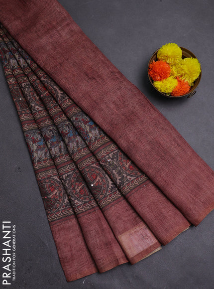 Pastel Brown Semi Linen Saree - Madhubani Prints