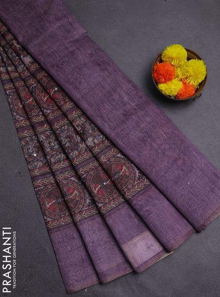 Pastel Purple Semi Linen Saree - Madhubani Prints
