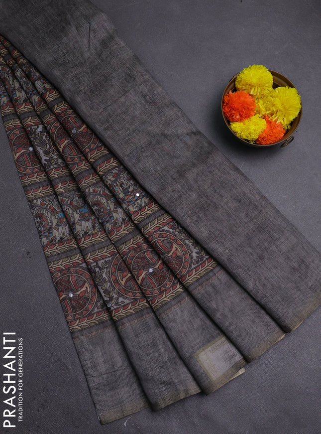 Grey Semi Linen Saree - Madhubani Prints