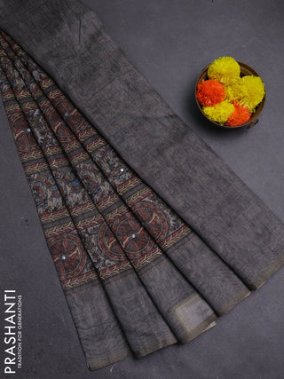 Grey Semi Linen Saree - Madhubani Prints