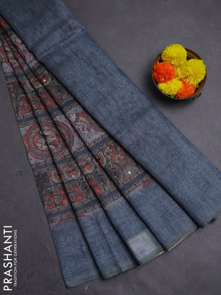 Grey Semi Linen Saree - Madhubani Prints