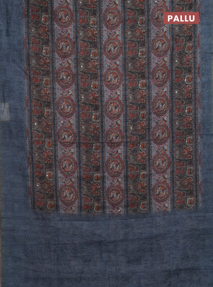 Grey Semi Linen Saree - Madhubani Prints