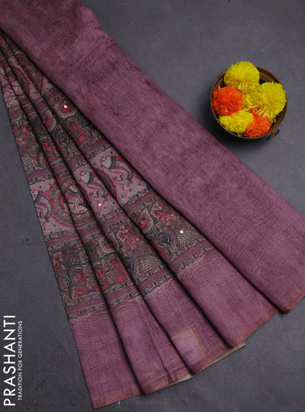 Mauve Pink Semi Linen Saree - Madhubani Prints
