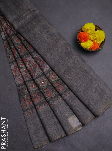 Pastel Grey Semi Linen Saree - Madhubani Prints