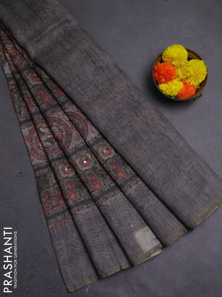 Pastel Grey Semi Linen Saree - Madhubani Prints