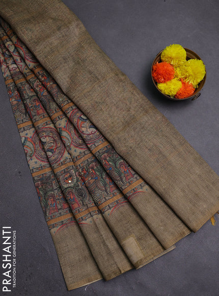 Mehendi Green Semi Linen Saree - Madhubani Prints