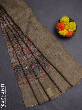 Mehendi Green Semi Linen Saree - Madhubani Prints