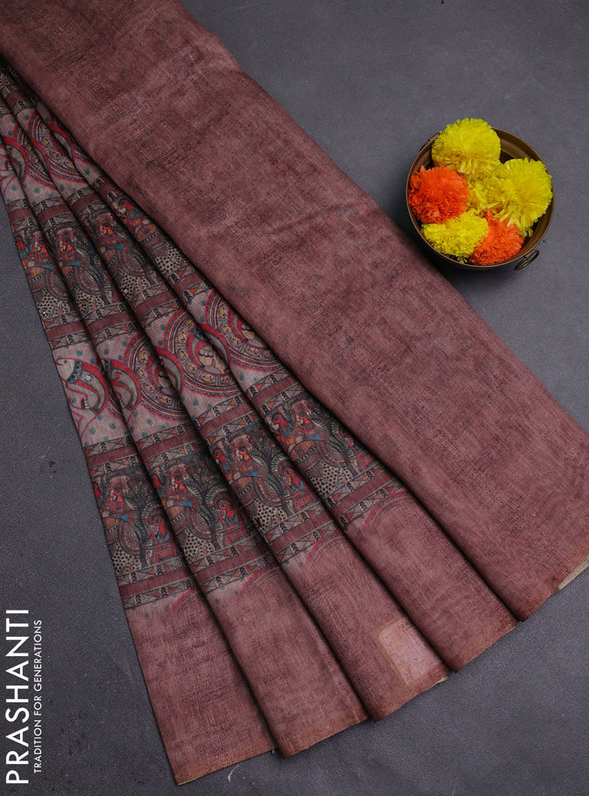 Pastel Brown Semi Linen Saree - Madhubani Prints