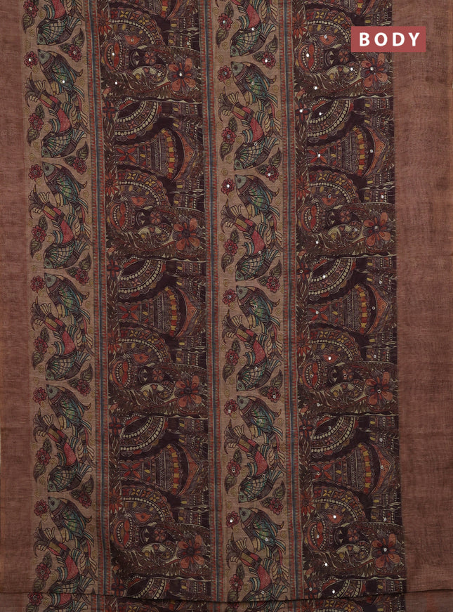Sandal Semi Linen Saree - Madhubani Prints