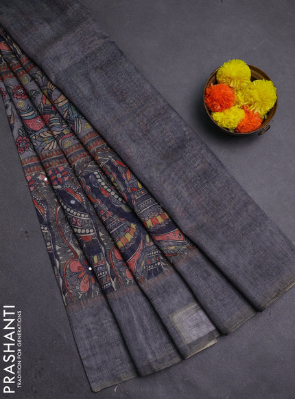Grey Semi Linen Saree - Madhubani Prints